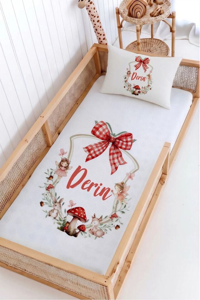 %100 Pamuk İsme Özel Montessori Yatak Pike Seti 100x200 Ormandaki Peri