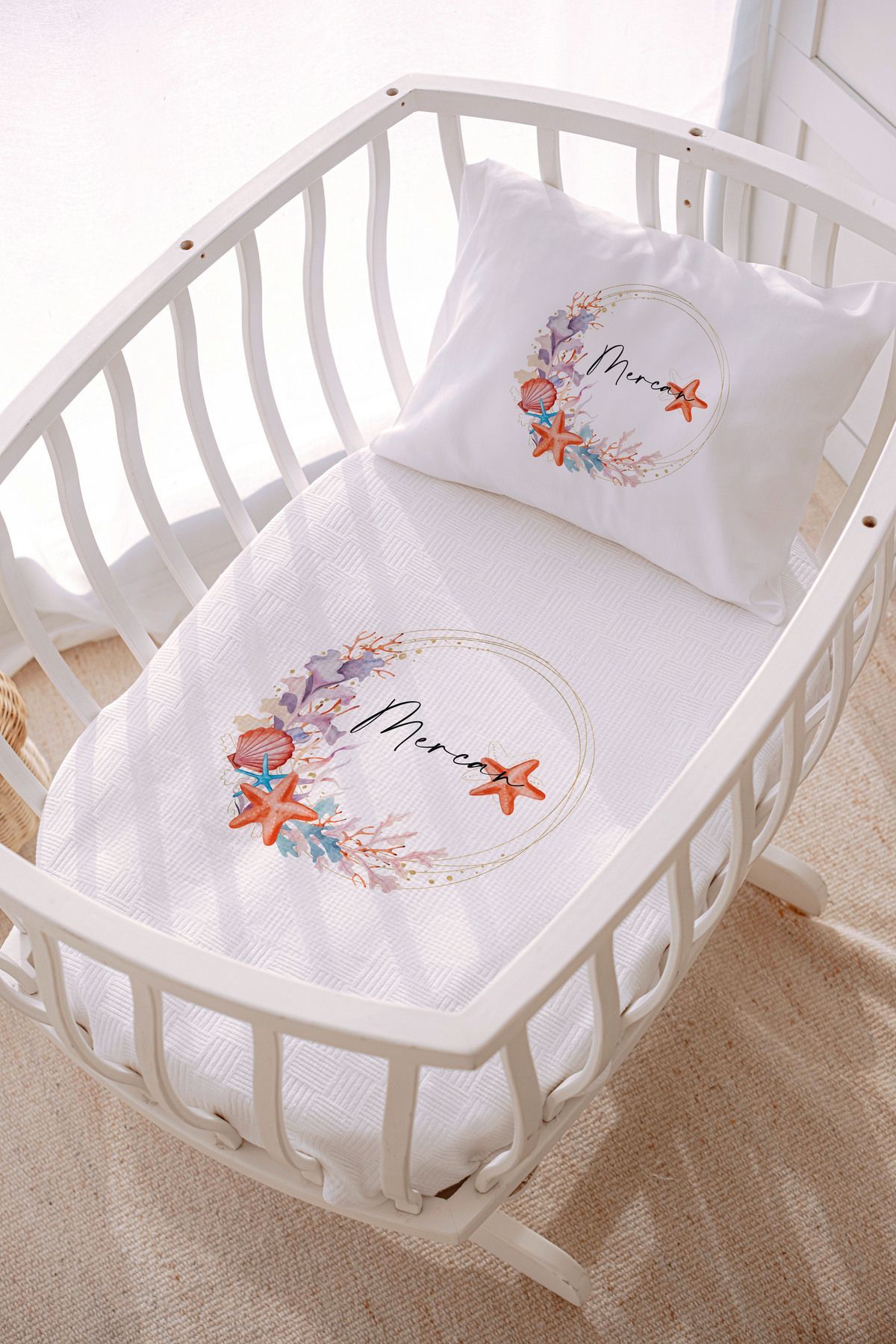 İsme Özel Park Yatak ve Anne Yanı Pike Seti (70x120 cm) Deniz Canlıları