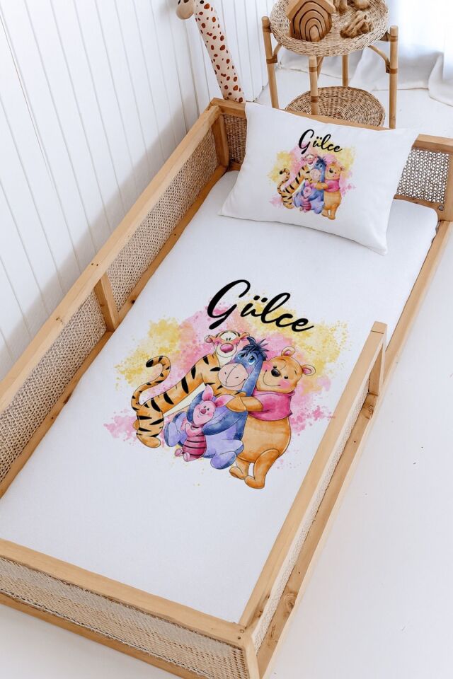 %100 Pamuk İsme Özel Montessori Yatak Pike Seti 100x200 Winnie the Pooh