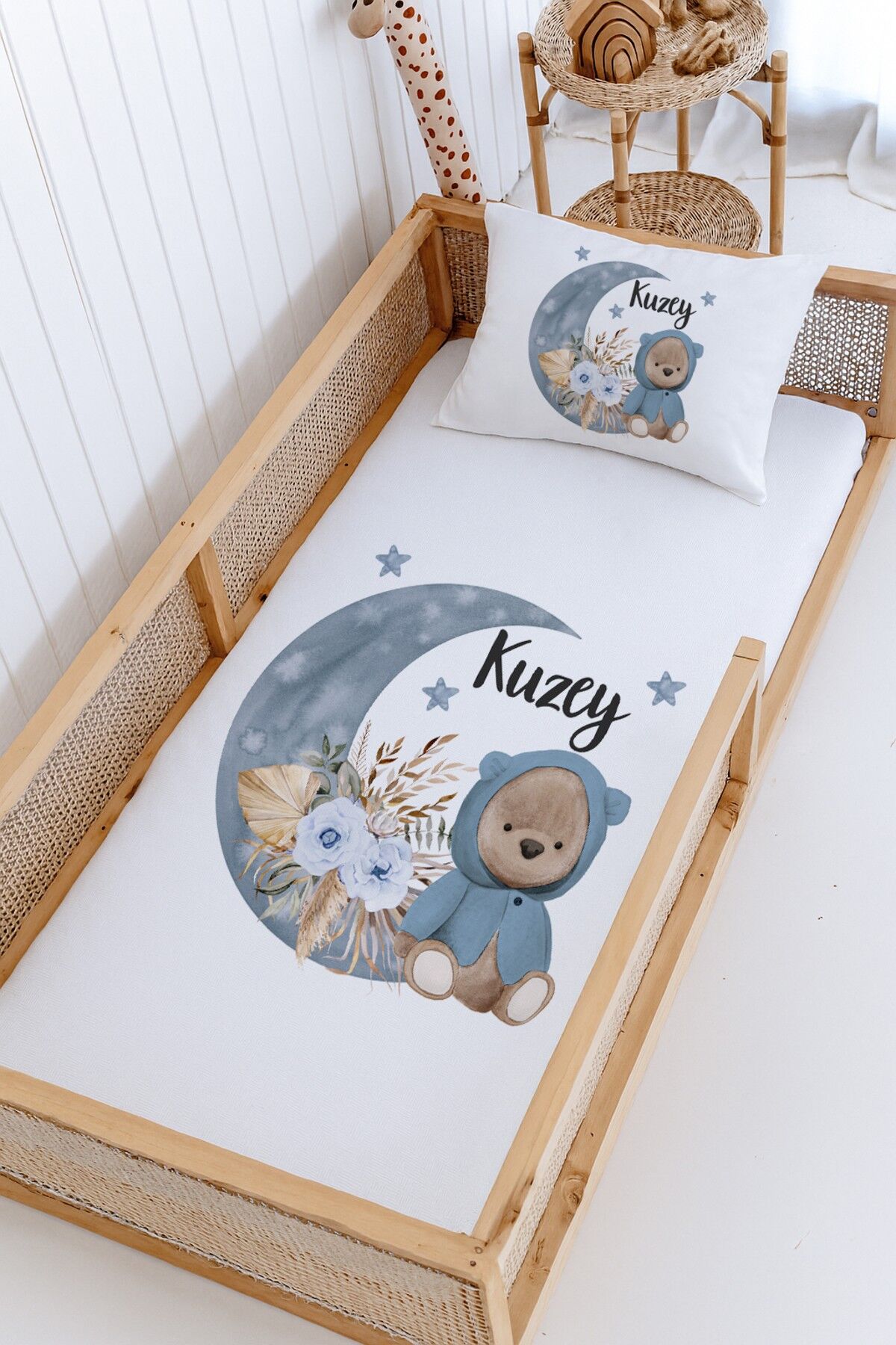 %100 Pamuk İsme Özel Montessori Yatak Pike Seti 100x200 Mavi Kapşonlu Ayıcık