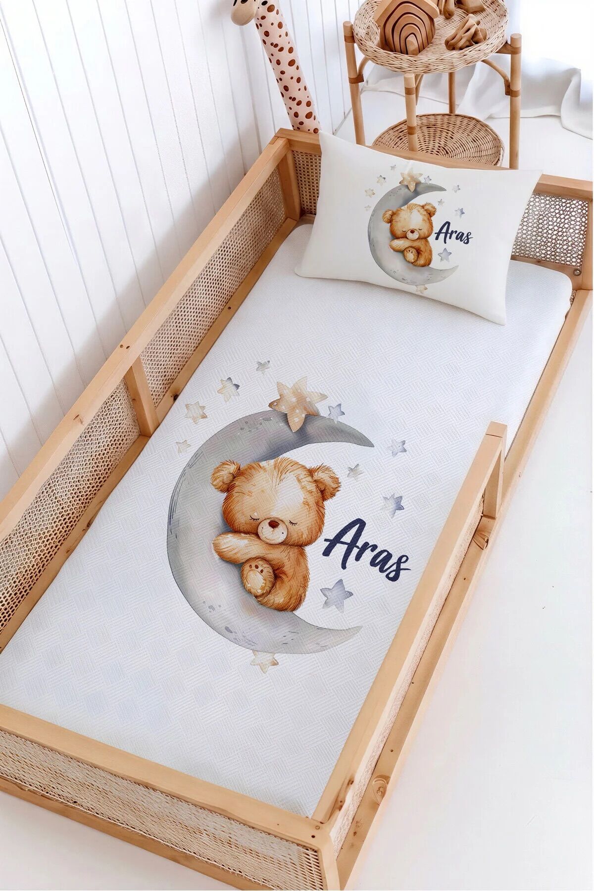 %100 Pamuk İsme Özel Montessori Yatak Pike Seti 100x200 Minik Ayıcık