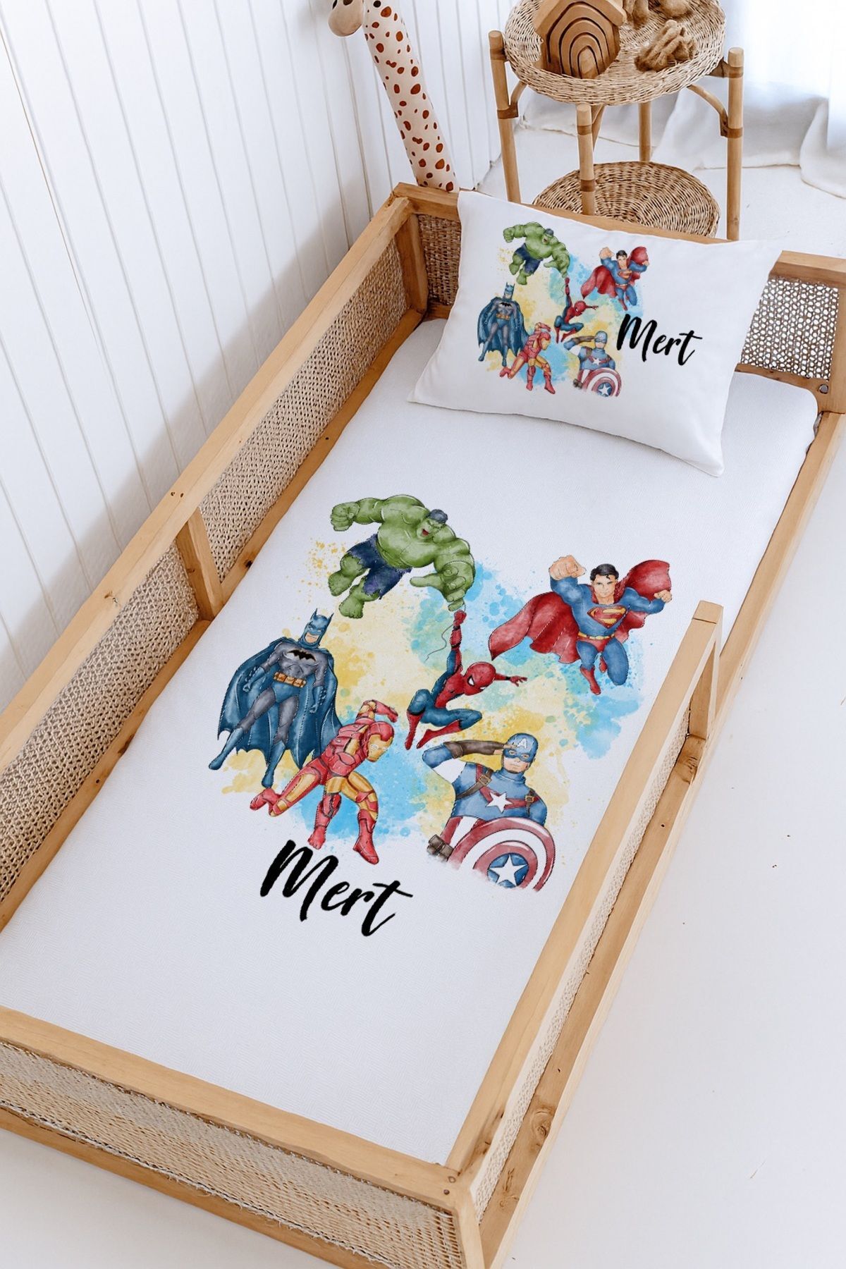 İsme Özel Montessori Yatak Pike Seti (100x200cm) Süper Kahramanlar