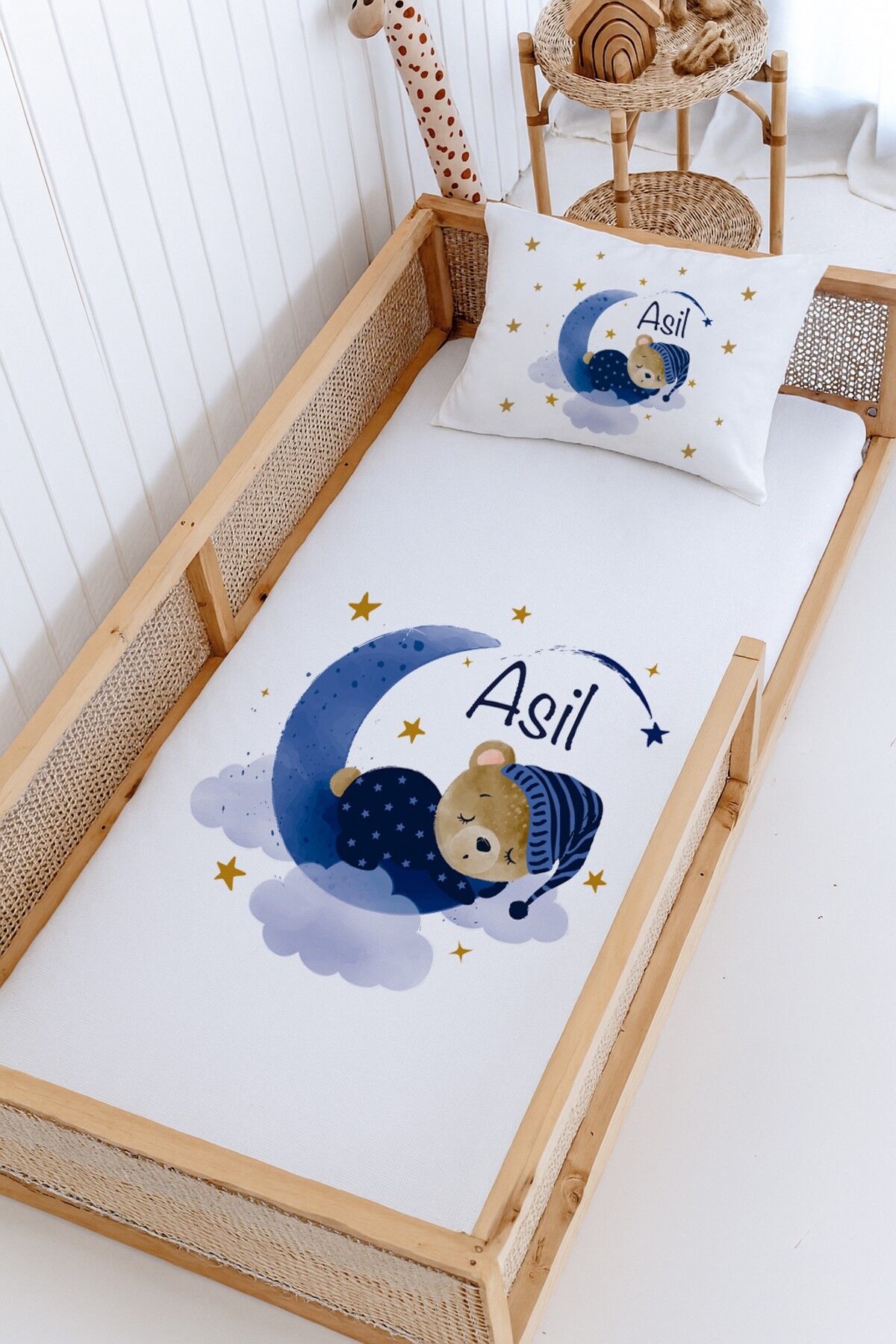 %100 Pamuk İsme Özel Montessori Yatak Pike Seti 100x200 Mavi Ayıcık