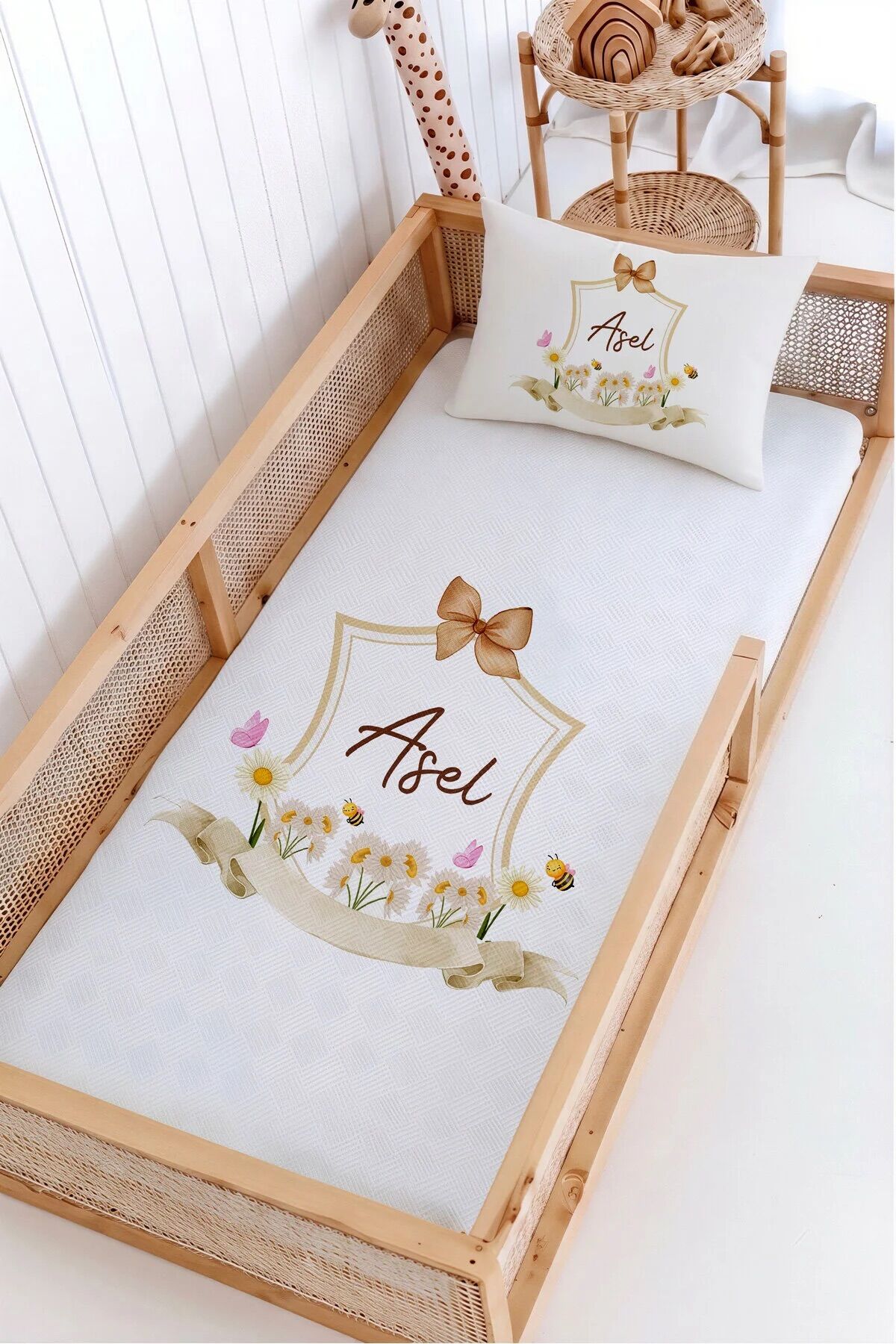 %100 Pamuk İsme Özel Montessori Yatak Pike Seti 100x200 Papatya