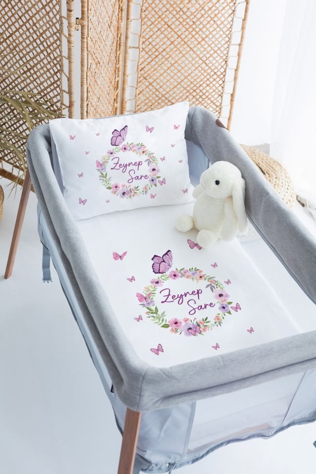 %100 Delux Pamuk İsme Özel 70x120 Park Yatak Nevresim Takımı Kelebek