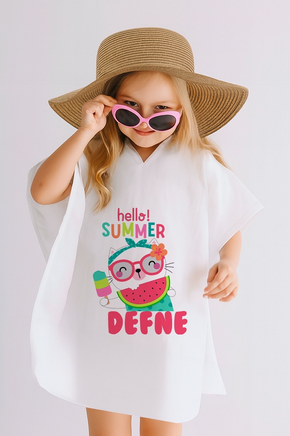 İsme Özel %100 Pamuk Müslin Kapüşonlu Kız Çocuk Panço Bornoz Kedicik