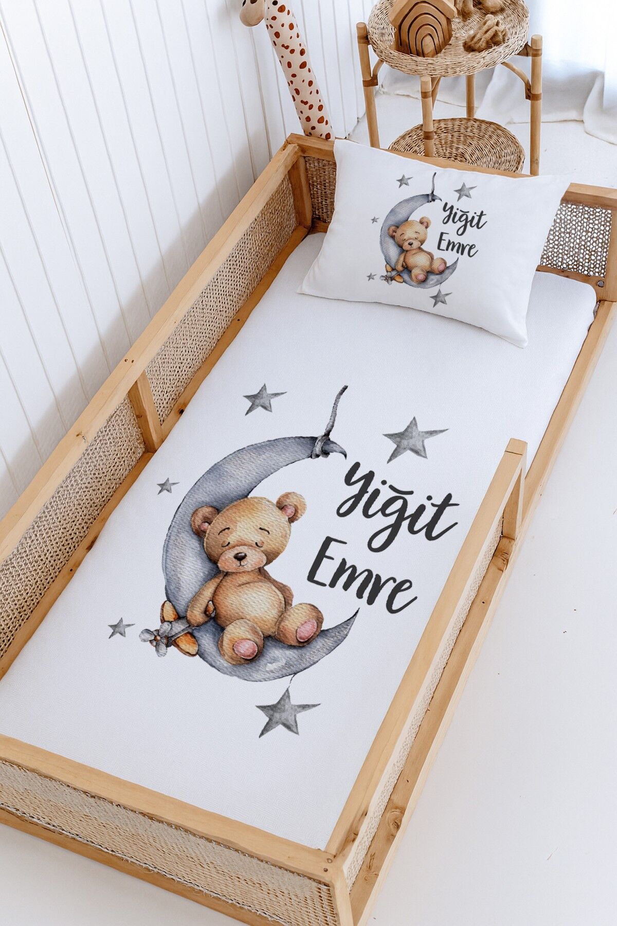 %100 Pamuk İsme Özel Montessori Yatak Pike Seti 100x200 Gri Aydaki Ayıcık