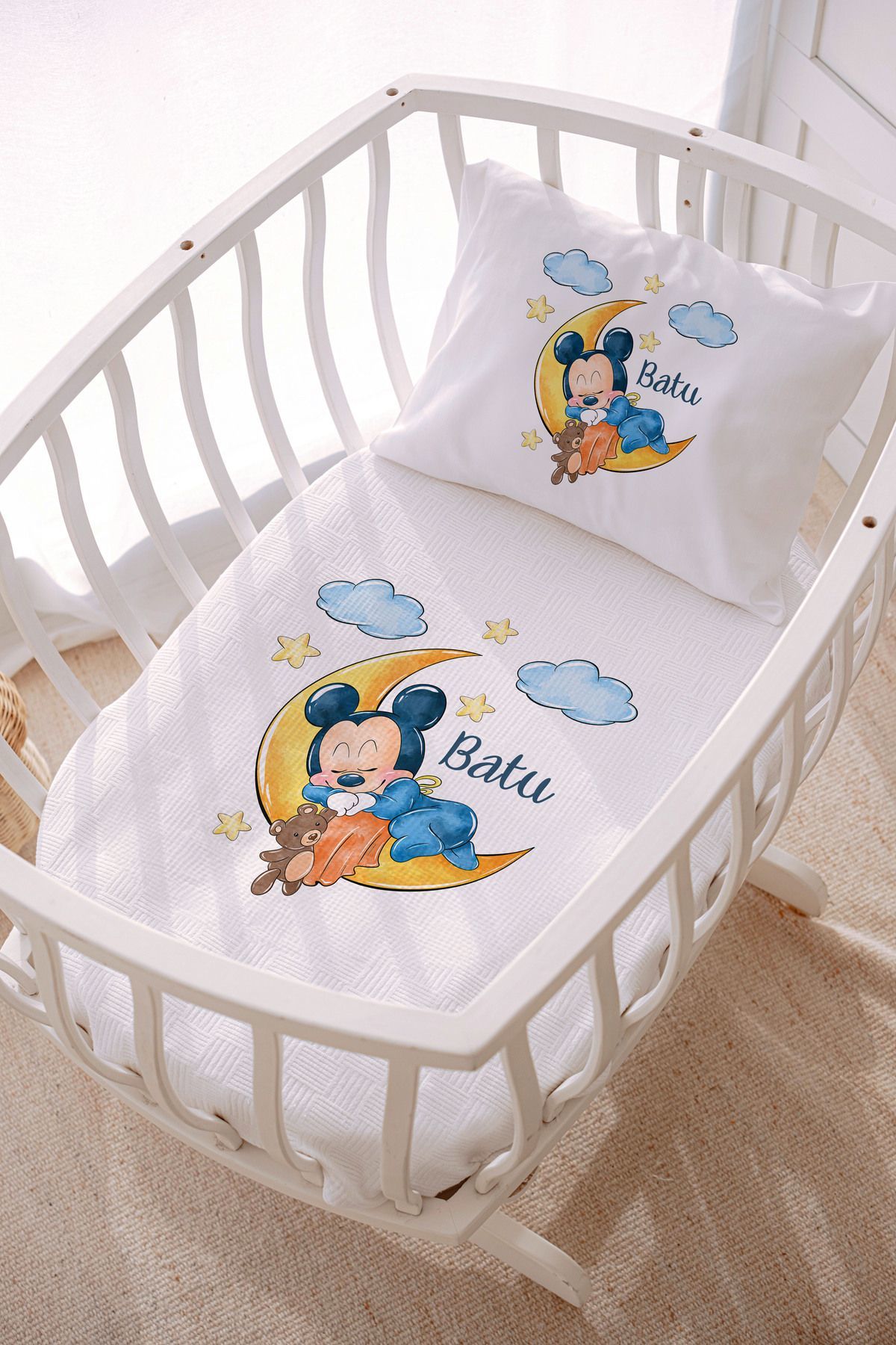 İsme Özel Park Yatak ve Anne Yanı Pike Seti (70x120 cm) Mickey