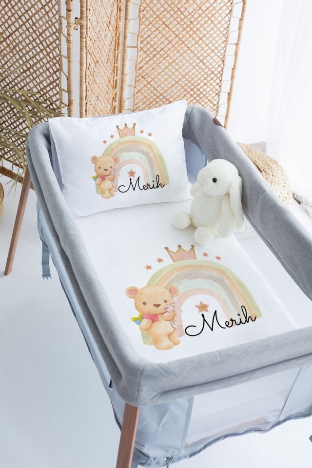 %100 Delux Pamuk İsme Özel 70x120 Park Yatak Nevresim Takımı Ayıcık