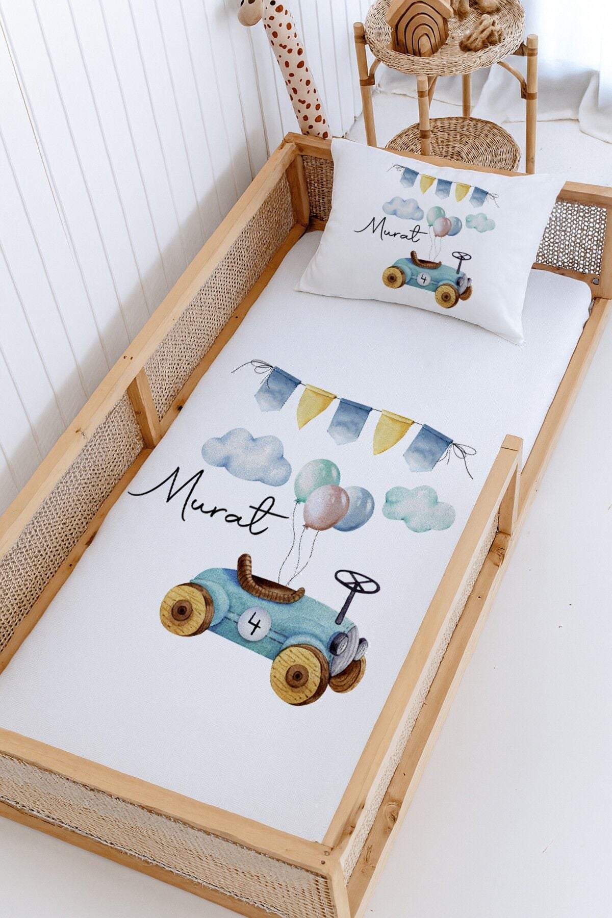 %100 Pamuk İsme Özel Montessori Yatak Pike Seti 100x200 Mavi Araba