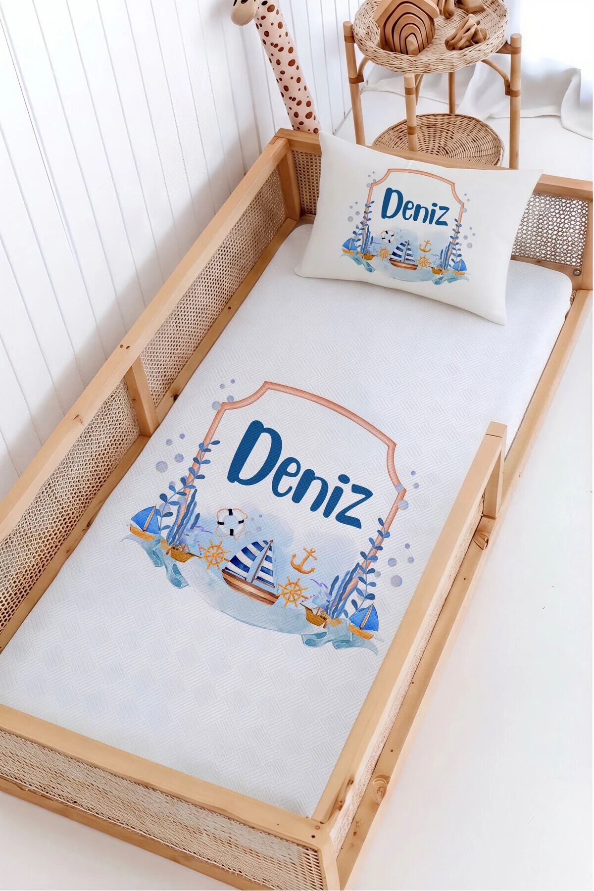 %100 Pamuk İsme Özel Montessori Yatak Pike Seti 100x200 Denizci