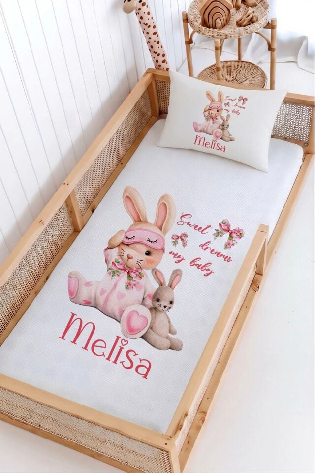 %100 Pamuk İsme Özel Montessori Yatak Pike Seti 100x200 Uykucu Tavşan