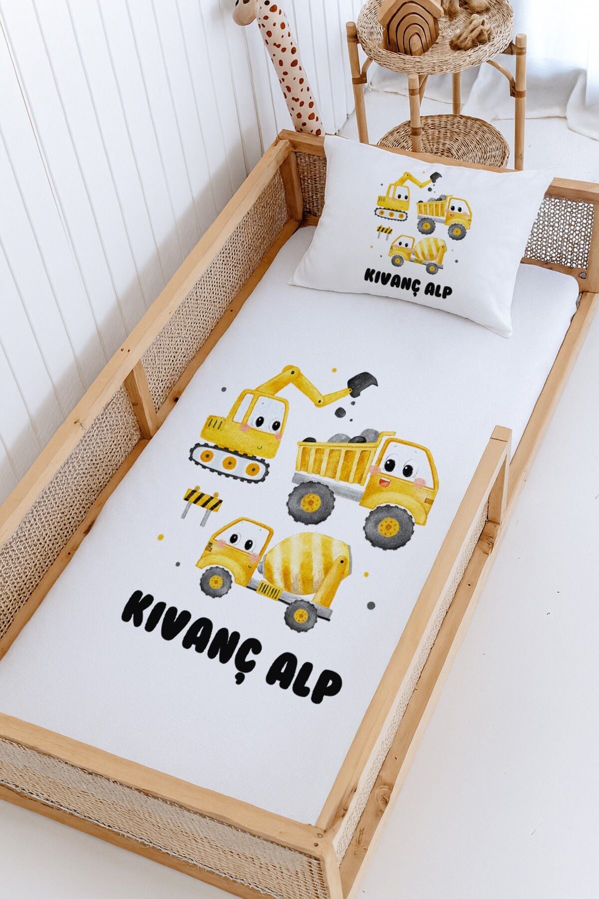 %100 Pamuk İsme Özel Montessori Yatak Pike Seti 100x200 İş Makineleri