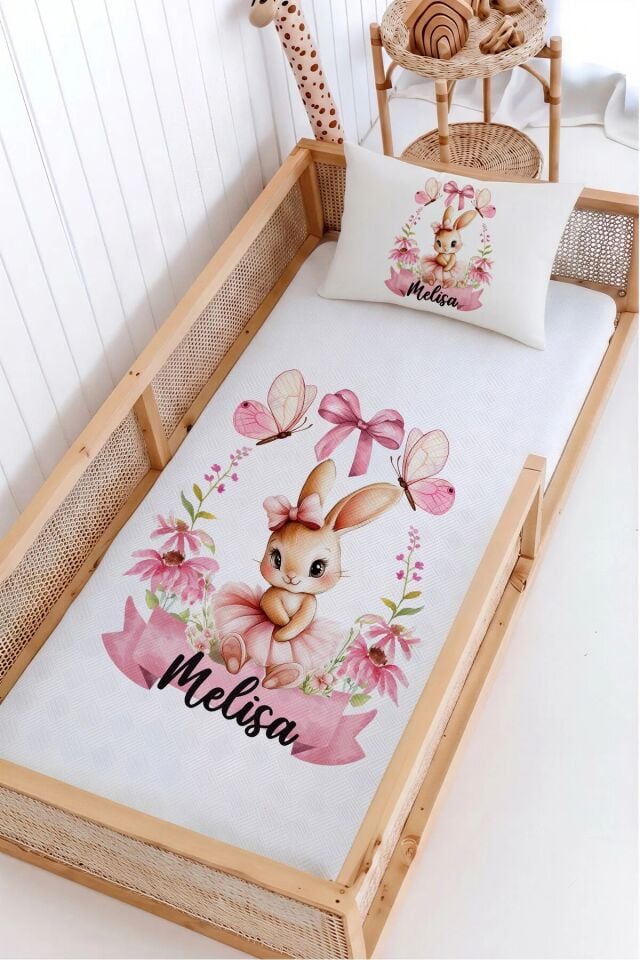 %100 Pamuk İsme Özel Montessori Yatak Pike Seti 100x200 Sevimli Tavşan