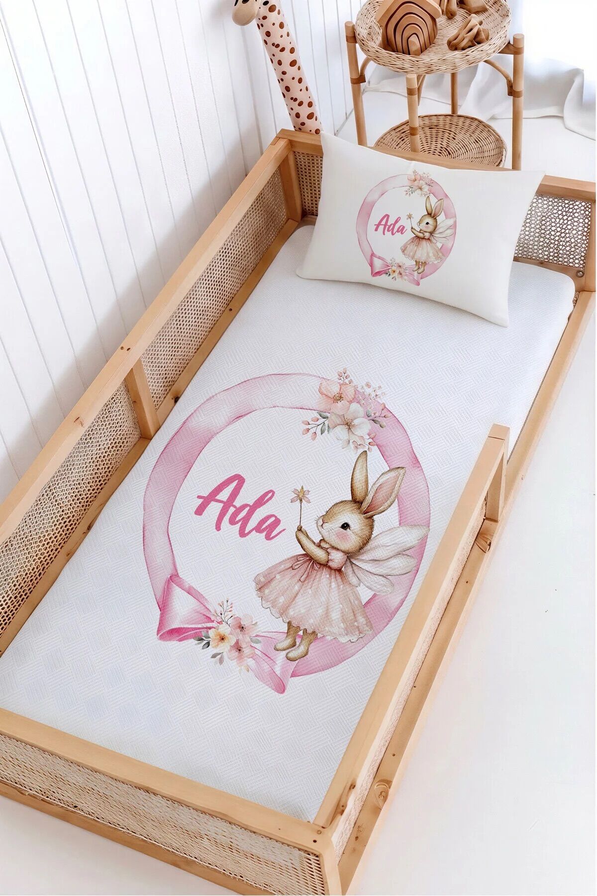 %100 Pamuk İsme Özel Montessori Yatak Pike Seti 100x200 Peri Tavşan
