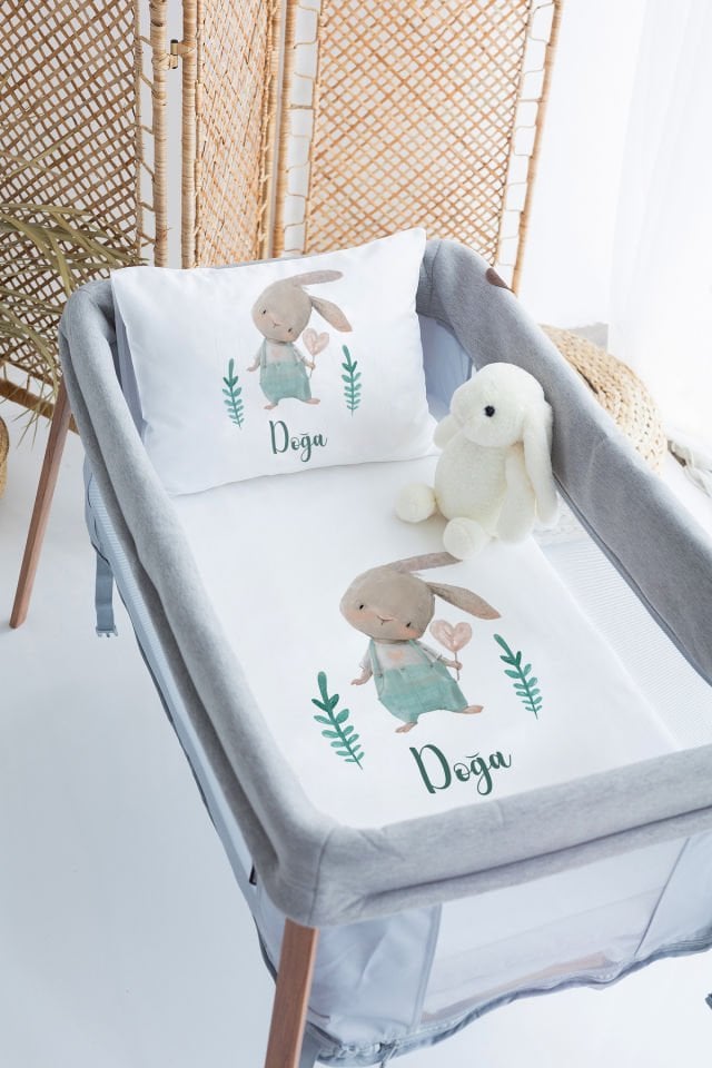 %100 Delux Pamuk İsme Özel 70x120 Park Yatak Nevresim Takımı Tavşan