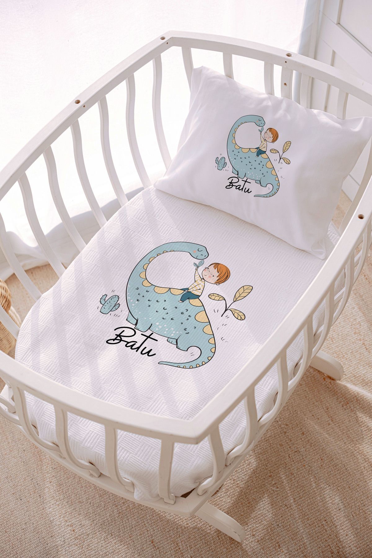 İsme Özel Park Yatak ve Anne Yanı Pike Seti (70x120 cm) Dinozor