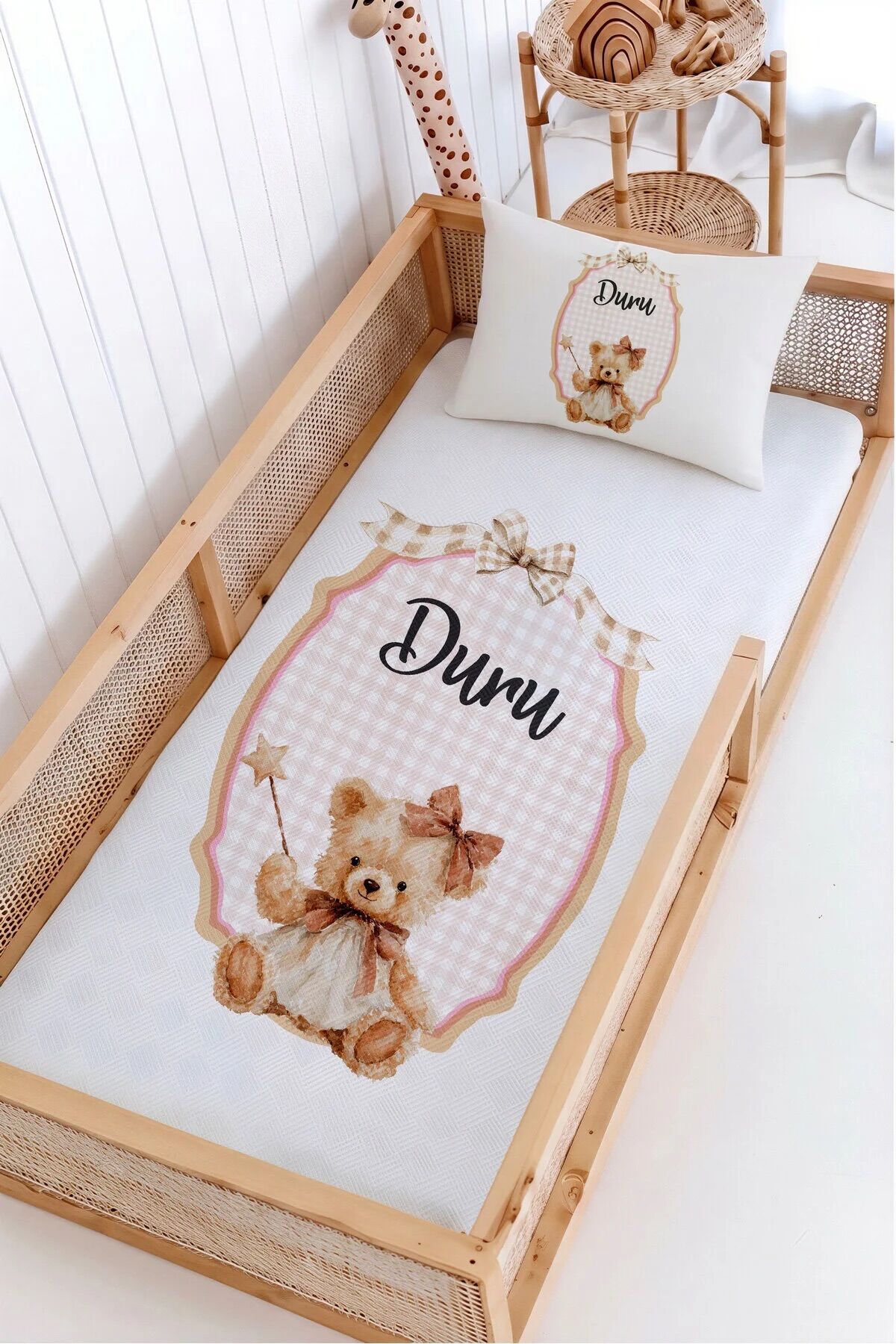 %100 Pamuk İsme Özel Montessori Yatak Pike Seti 100x200 Peri Ayıcık
