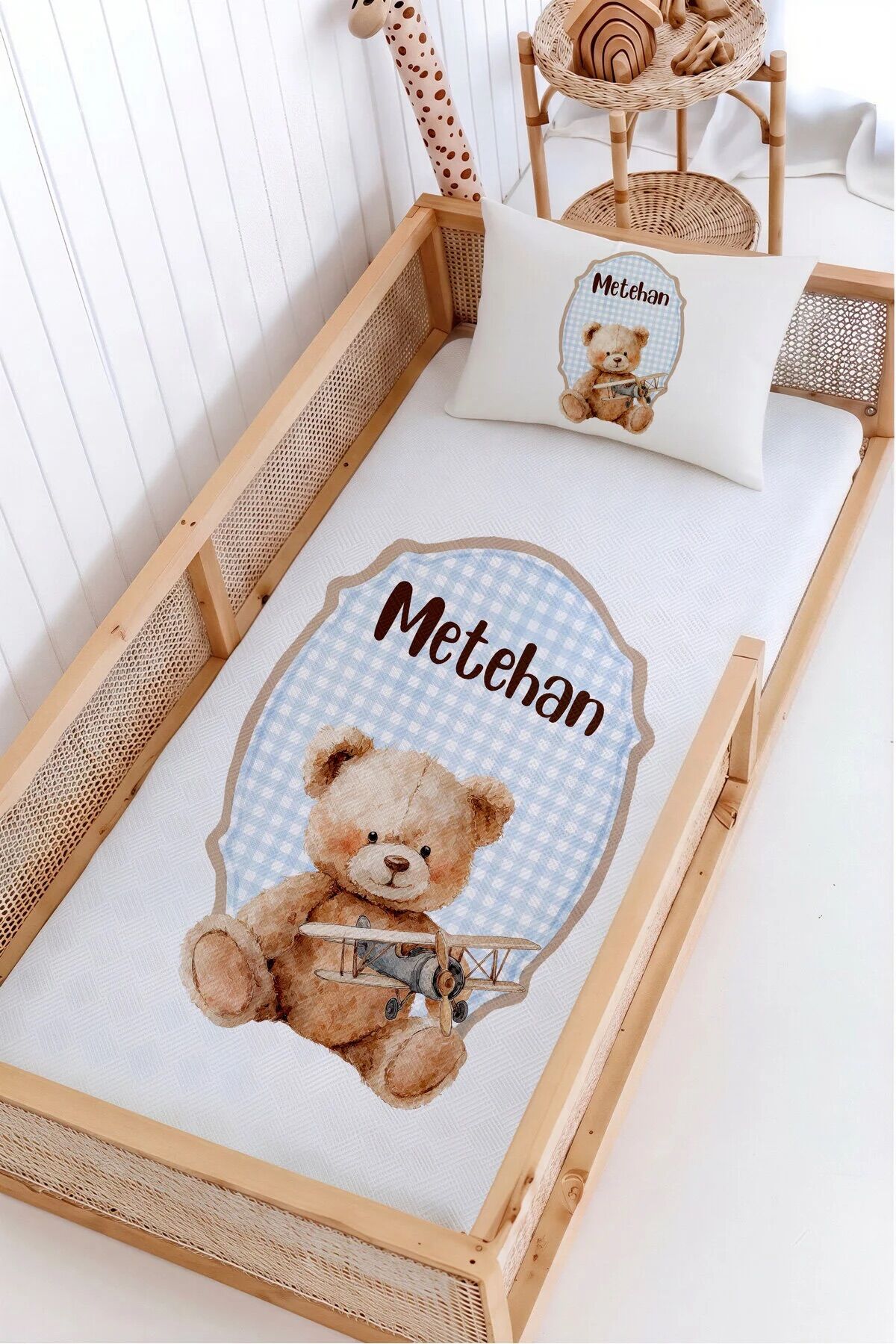 %100 Pamuk İsme Özel Montessori Yatak Pike Seti 100x200 Pilot Ayıcık
