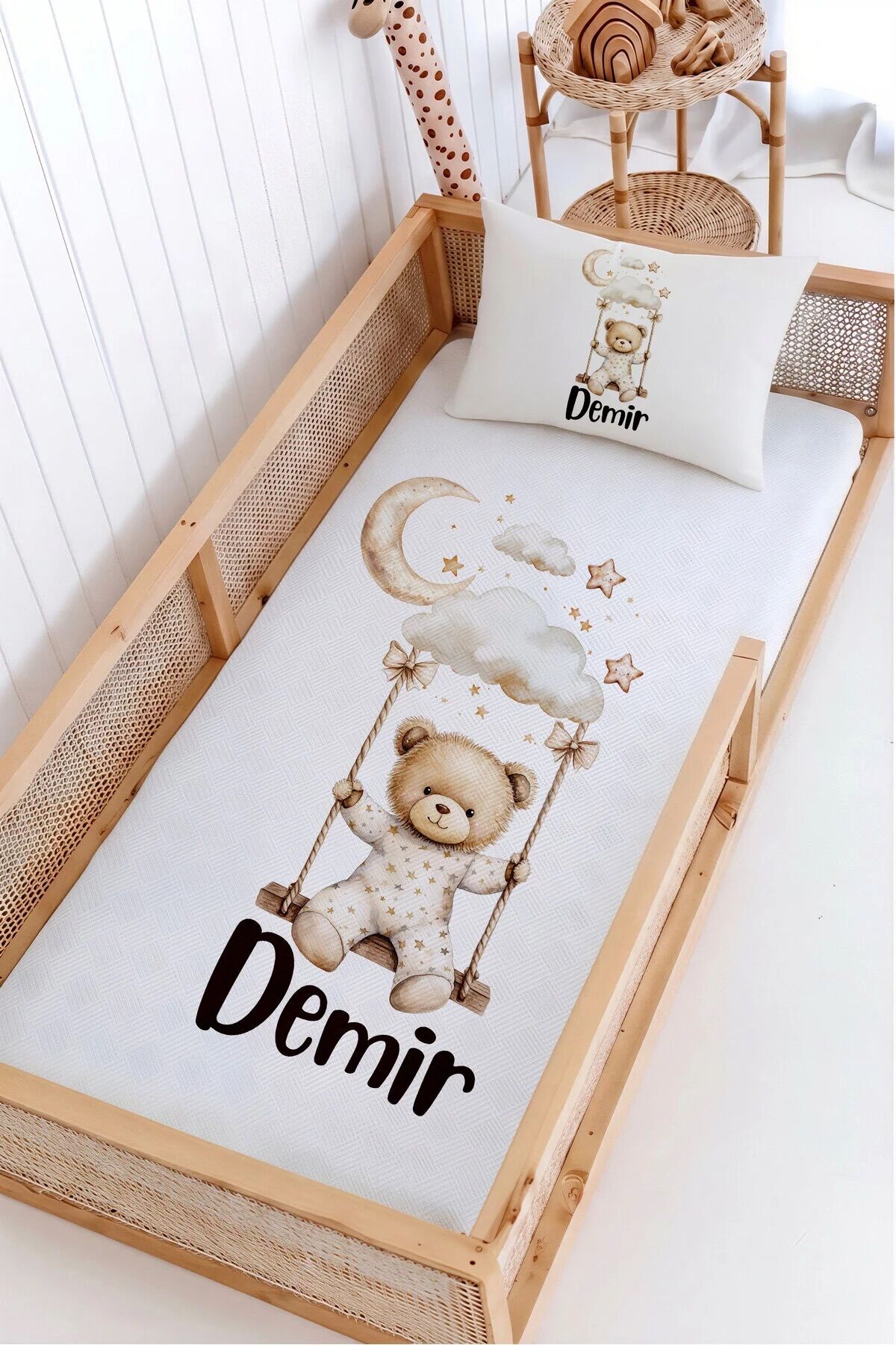 %100 Pamuk İsme Özel Montessori Yatak Pike Seti 100x200 Sallanan Ayıcık