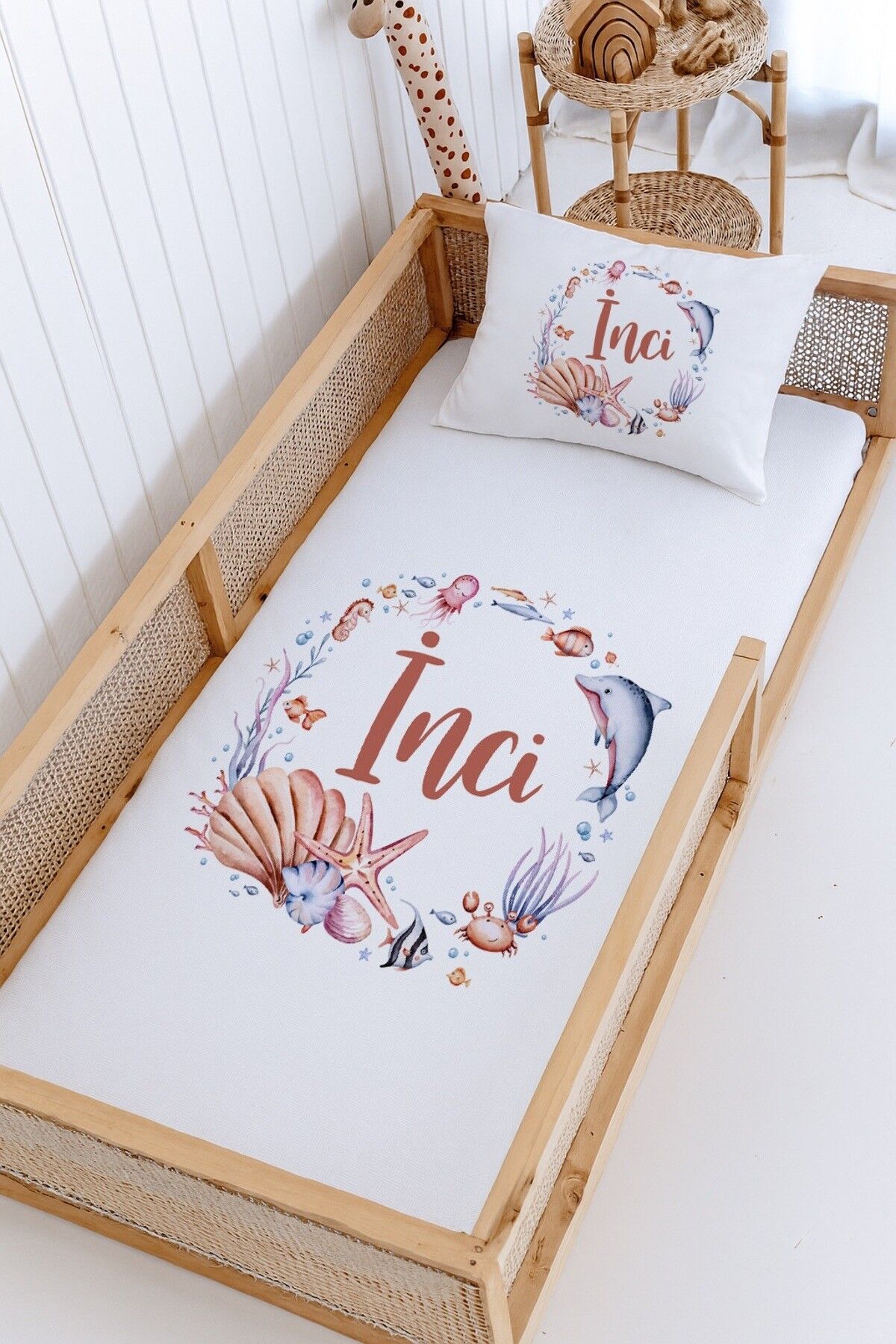 %100 Pamuk İsme Özel Montessori Yatak Pike Seti 100x200 Deniz