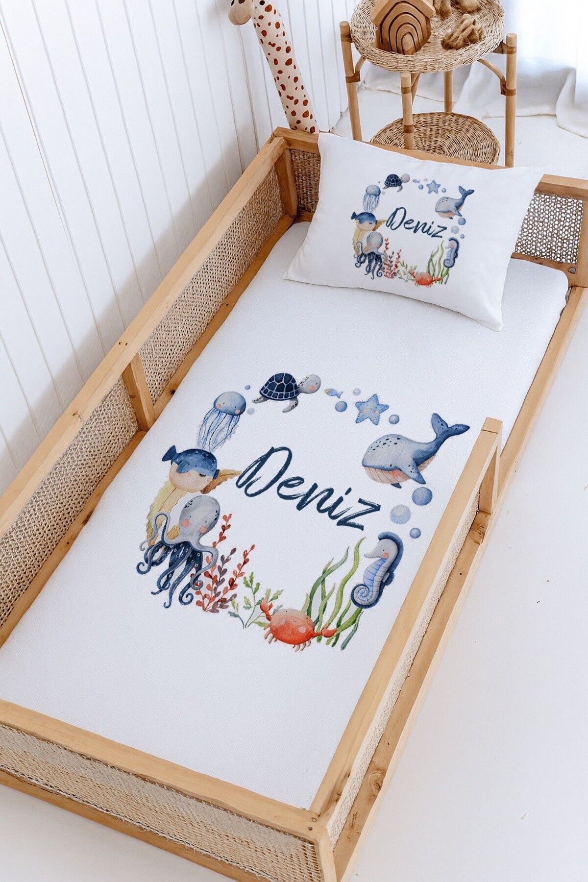 %100 Pamuk İsme Özel Montessori Yatak Pike Seti 100x200 Deniz Canlıları