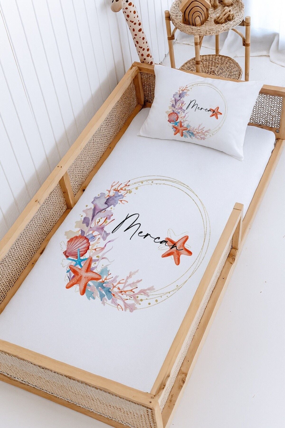 %100 Pamuk İsme Özel Montessori Yatak Pike Seti 100x200 Deniz Kabuğu