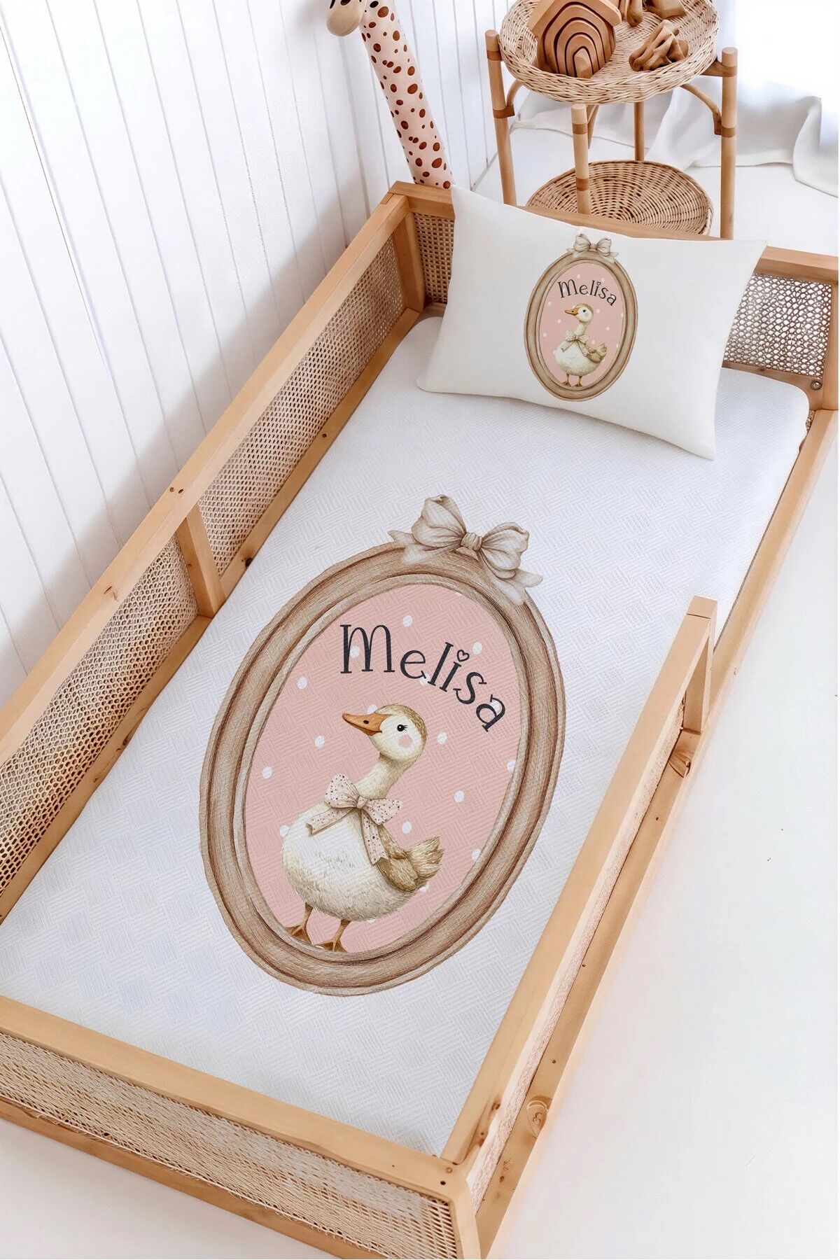 %100 Pamuk İsme Özel Montessori Yatak Pike Seti 100x200 Ördek
