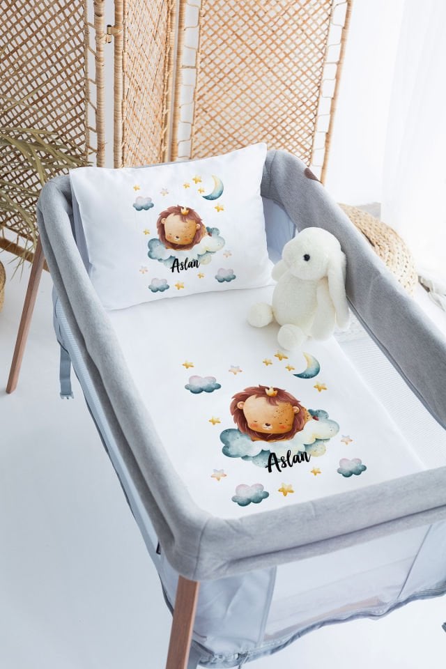%100 Delux Pamuk İsme Özel 70x120 Park Yatak Nevresim Takımı Aslan