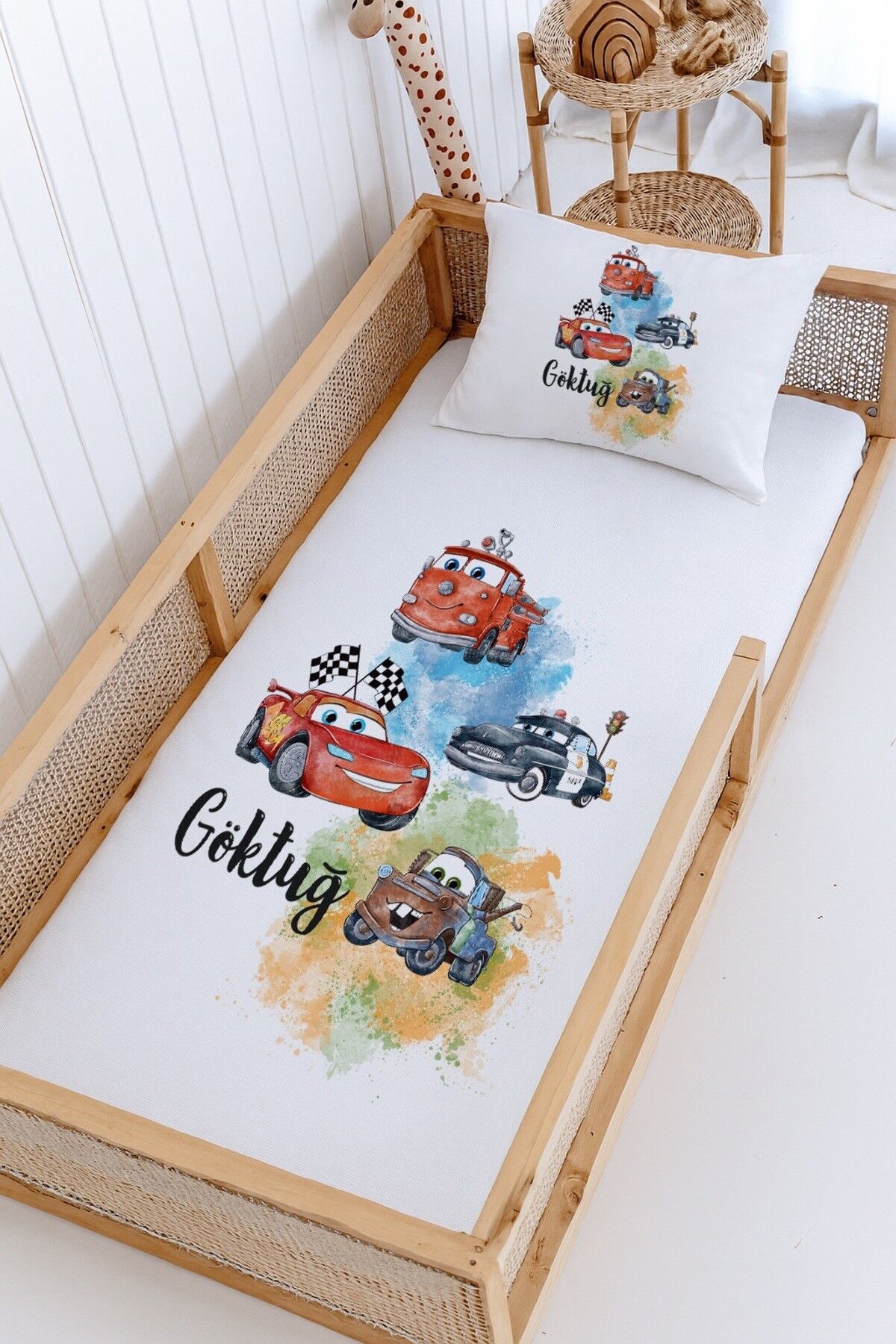 %100 Pamuk İsme Özel Montessori Yatak Pike Seti 100x200 Arabalar