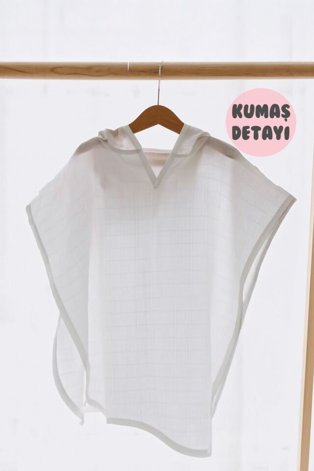 %100 Pamuk Müslin Kapüşonlu Bebek Çocuk Panço Bornoz Deniz Kabuğu