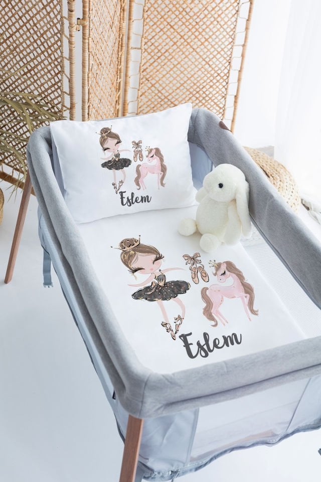 %100 Delux Pamuk İsme Özel 70x120 Park Yatak Nevresim Takımı Balerin