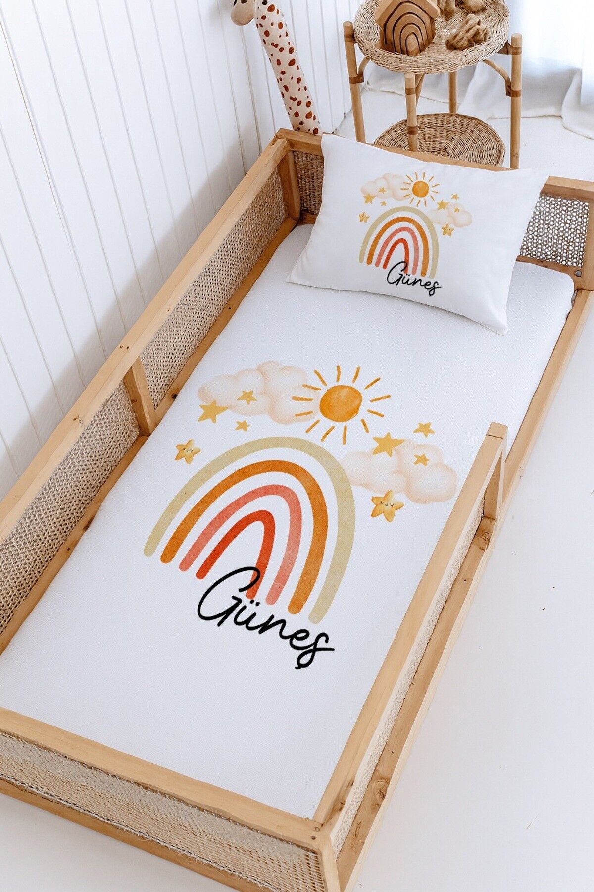 %100 Pamuk İsme Özel Montessori Yatak Pike Seti 100x200 Güneş Gökkuşağı