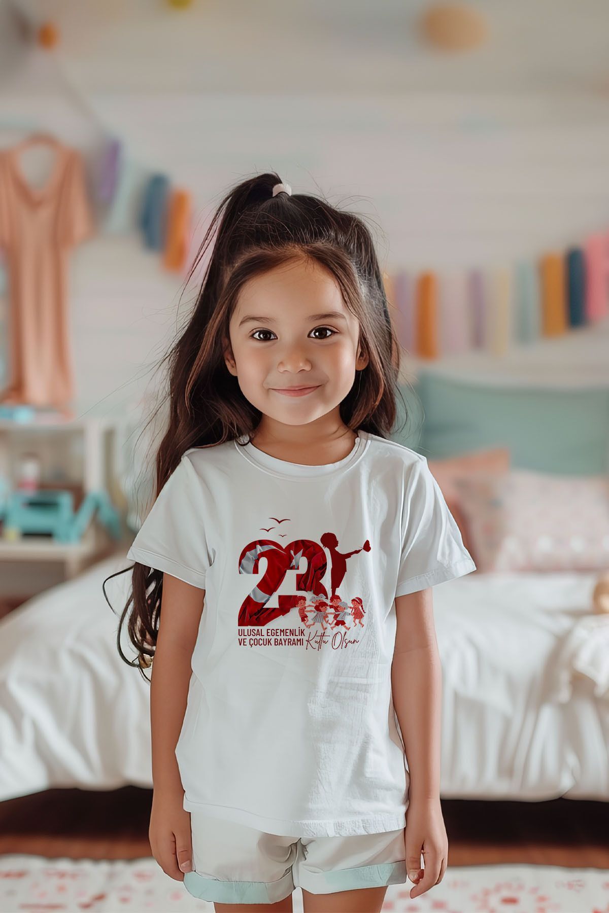 Pamuk Kız Çocuk 23 Nisan Baskılı Kısa Kollu Tişört