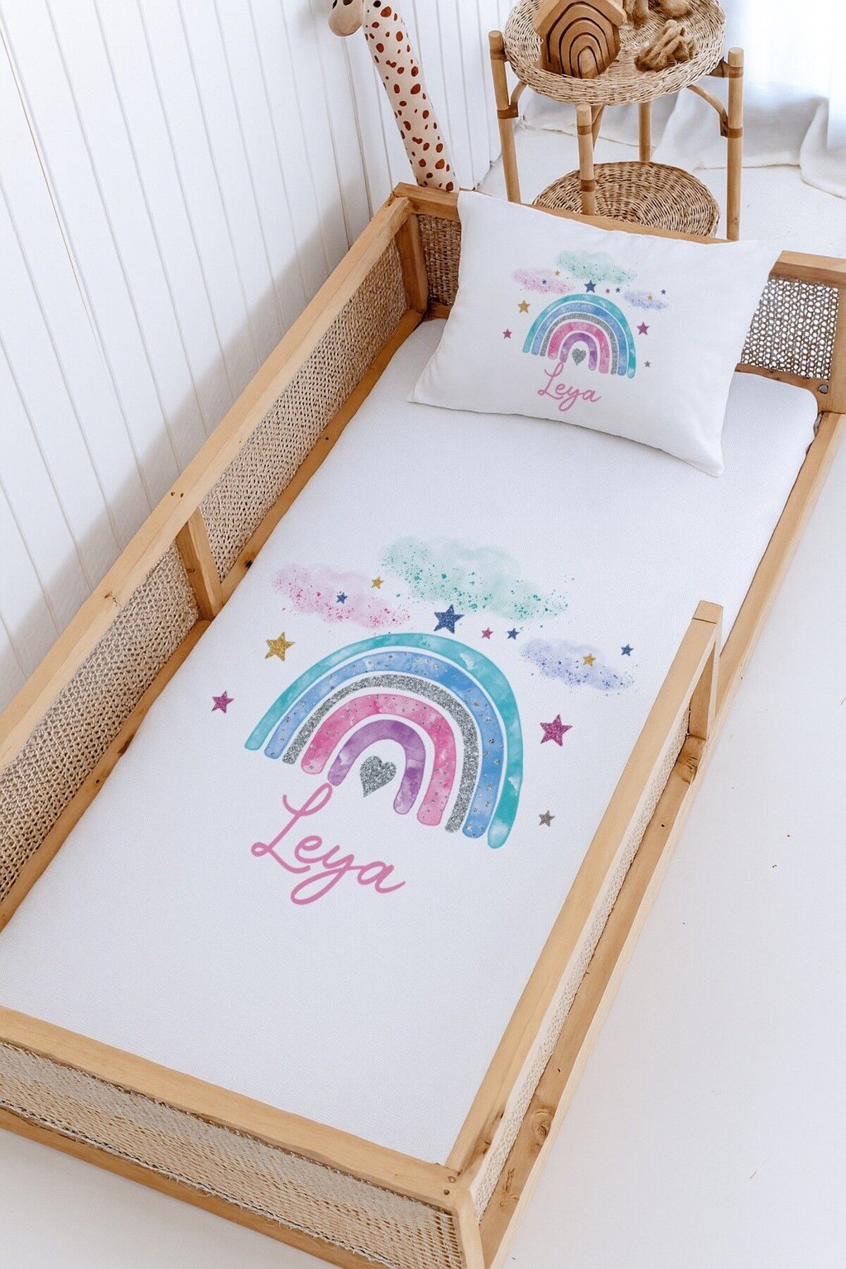 %100 Pamuk İsme Özel Montessori Yatak Pike Seti 100x200 Bulutlu Gökkuşağı