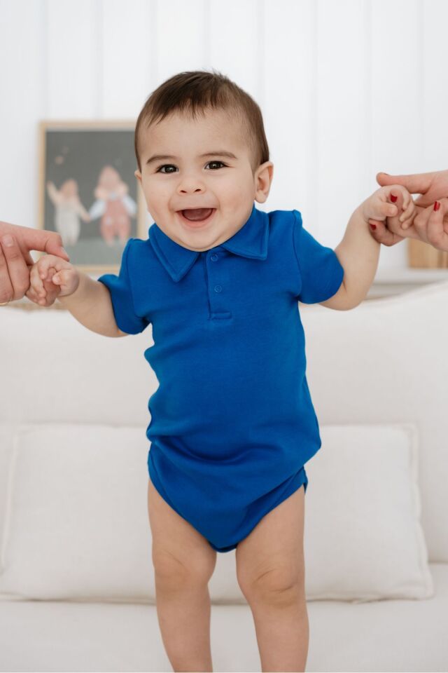 %100 Pamuk Kısa Kollu Polo Yaka Bebek Body 12-18 AY - Bebe Yaka