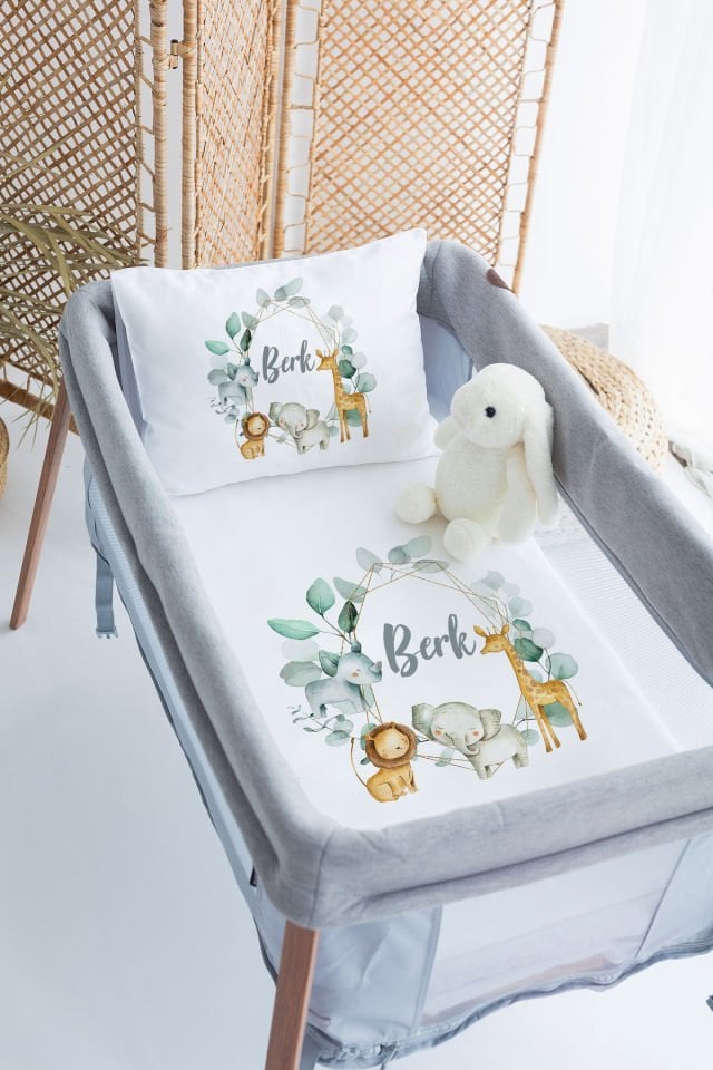 %100 Delux Pamuk İsme Özel 70x120 Park Yatak Nevresim Takımı Safari