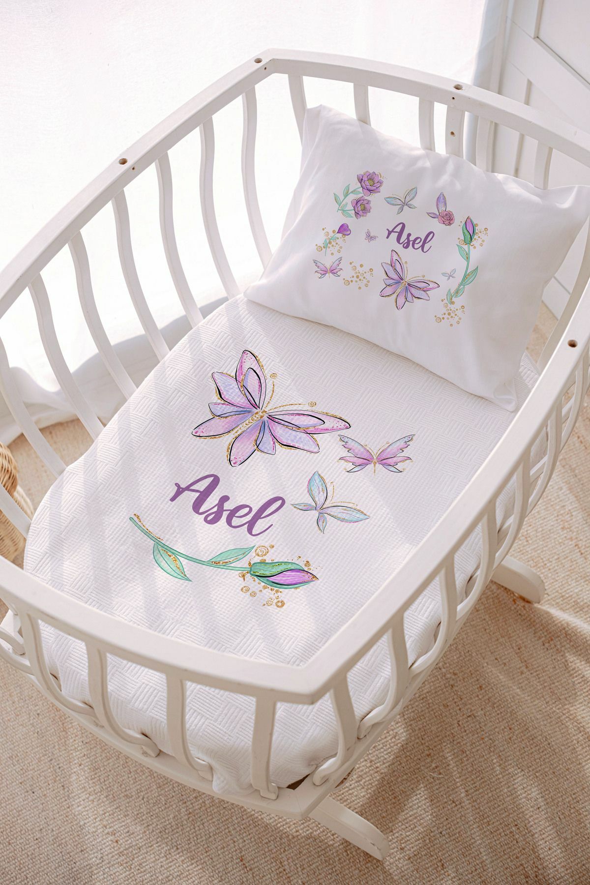 İsme Özel Park Yatak ve Anne Yanı Pike Seti (70x120 cm) Kelebek