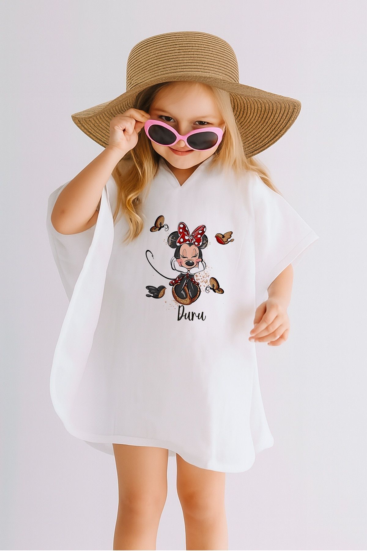 %100 Pamuk Müslin Kapüşonlu Bebek Çocuk Panço Bornoz Minnie Mause 5-6 Yaş - Krem