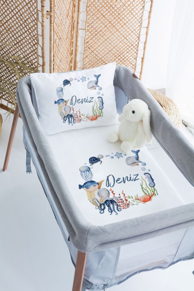 %100 Delux Pamuk İsme Özel 70x120 Park Yatak Nevresim Takımı Sualtı
