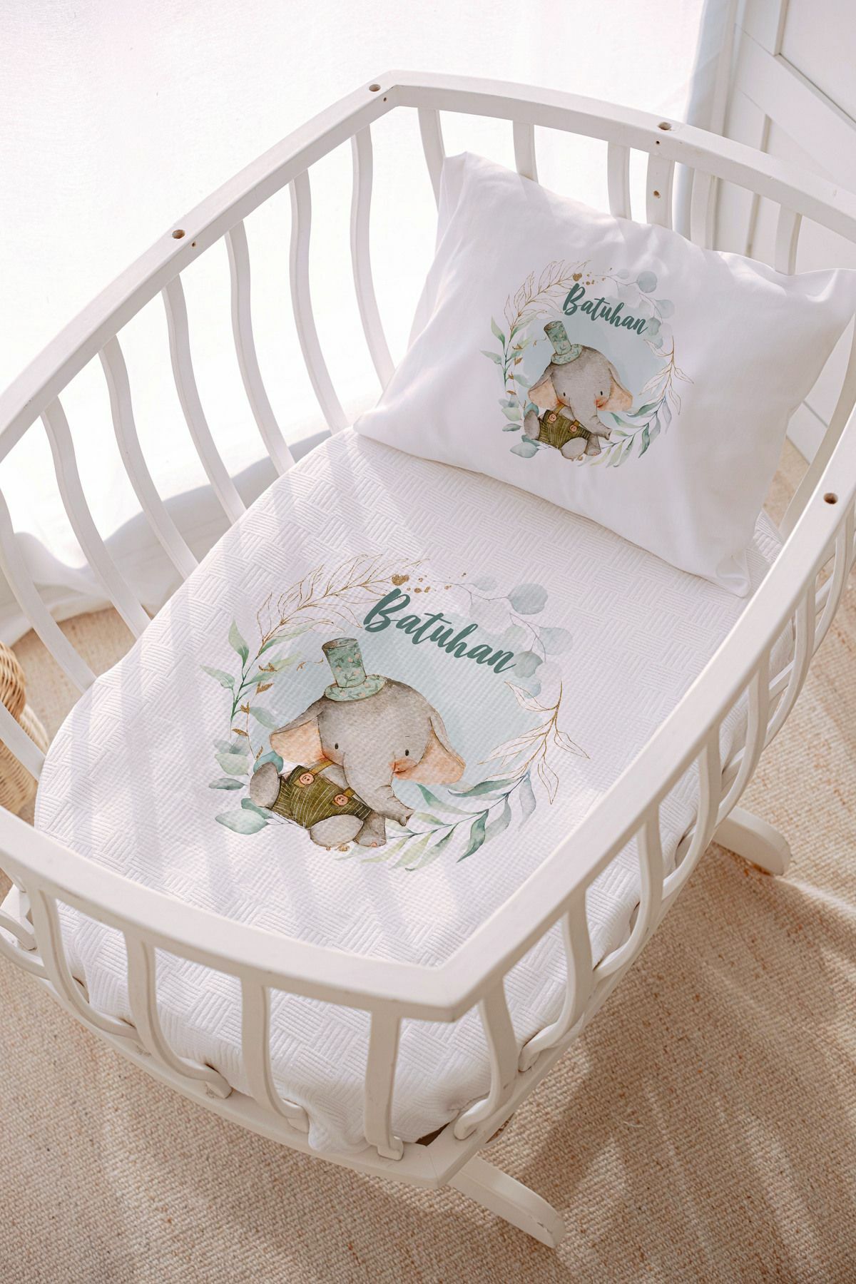 İsme Özel Park Yatak ve Anne Yanı Pike Seti (70x120 cm) Fil