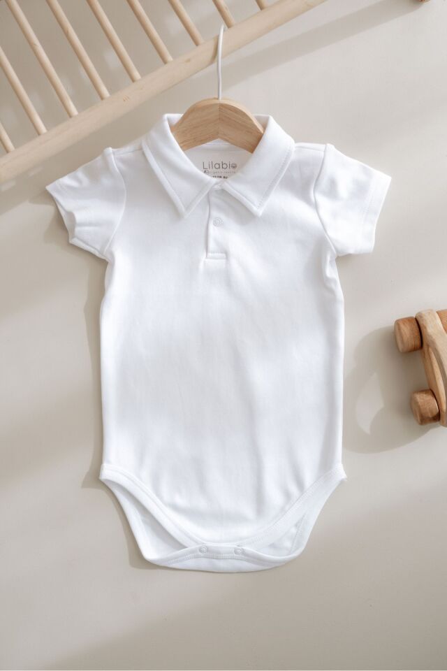 %100 Pamuk Kısa Kollu Polo Yaka Bebek Body 9 - 12 Ay - Beyaz