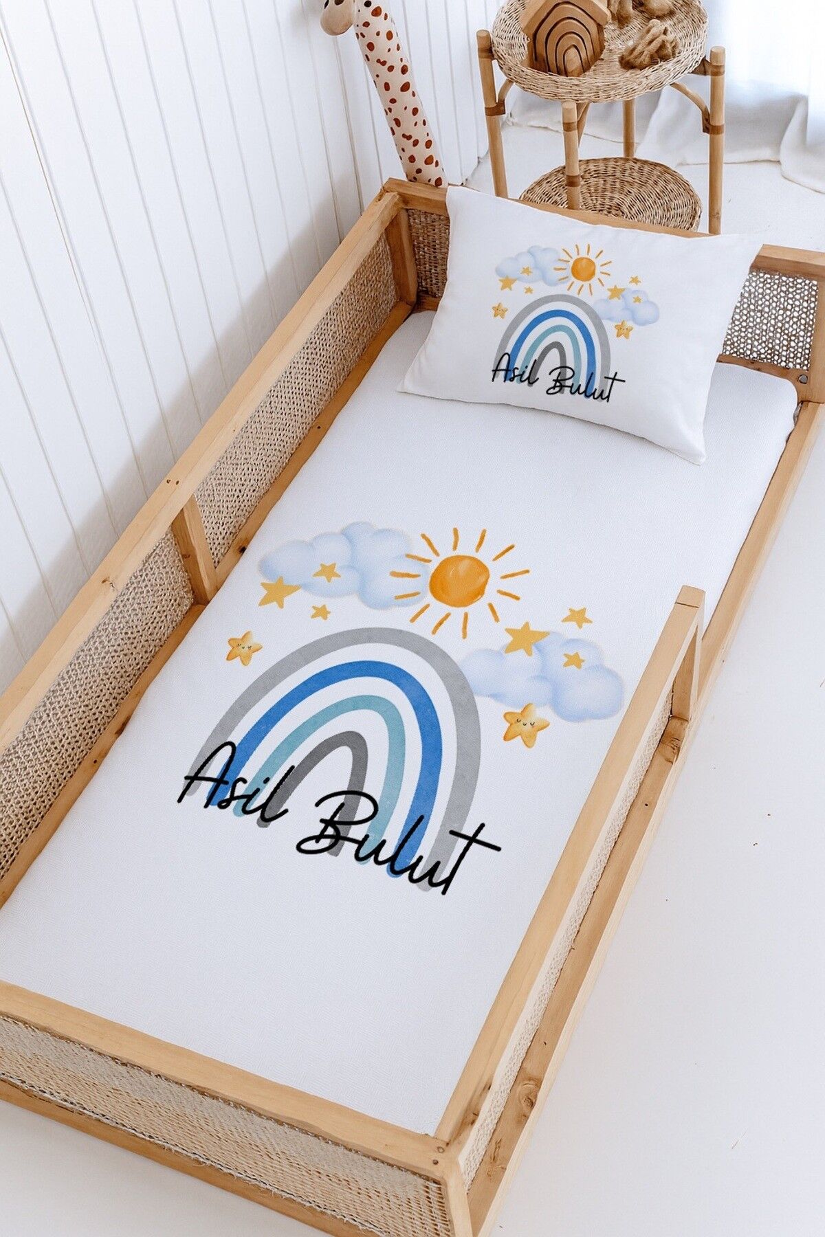 %100 Pamuk İsme Özel Montessori Yatak Pike Seti 100x200 Mavi Gökkuşağı
