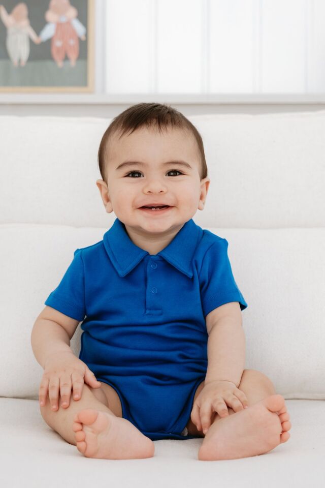 %100 Pamuk Kısa Kollu Polo Yaka Bebek Body 12-18 AY - Saks Mavi