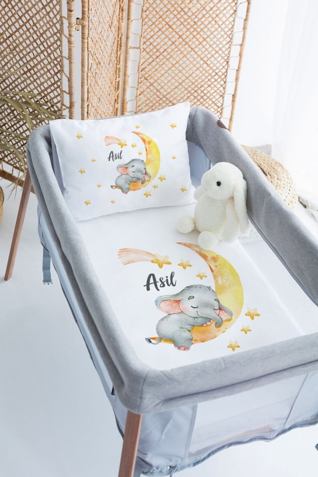 %100 Delux Pamuk İsme Özel 70x120 Park Yatak Nevresim Takımı Fil