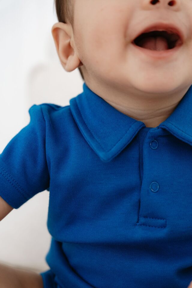 %100 Pamuk Kısa Kollu Polo Yaka Bebek Body 9 - 12 Ay - Saks Mavi
