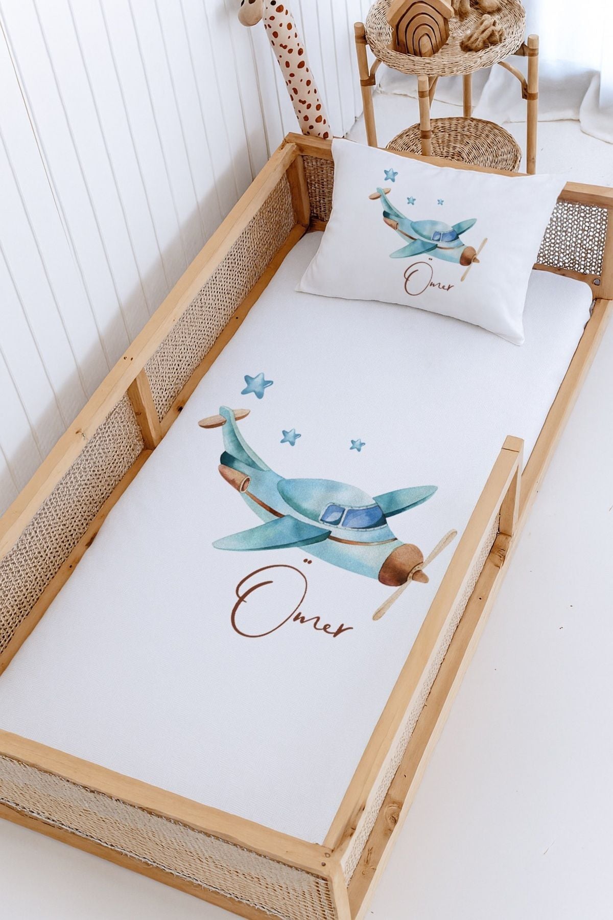 %100 Pamuk İsme Özel Montessori Yatak Pike Seti 100x200 Uçak