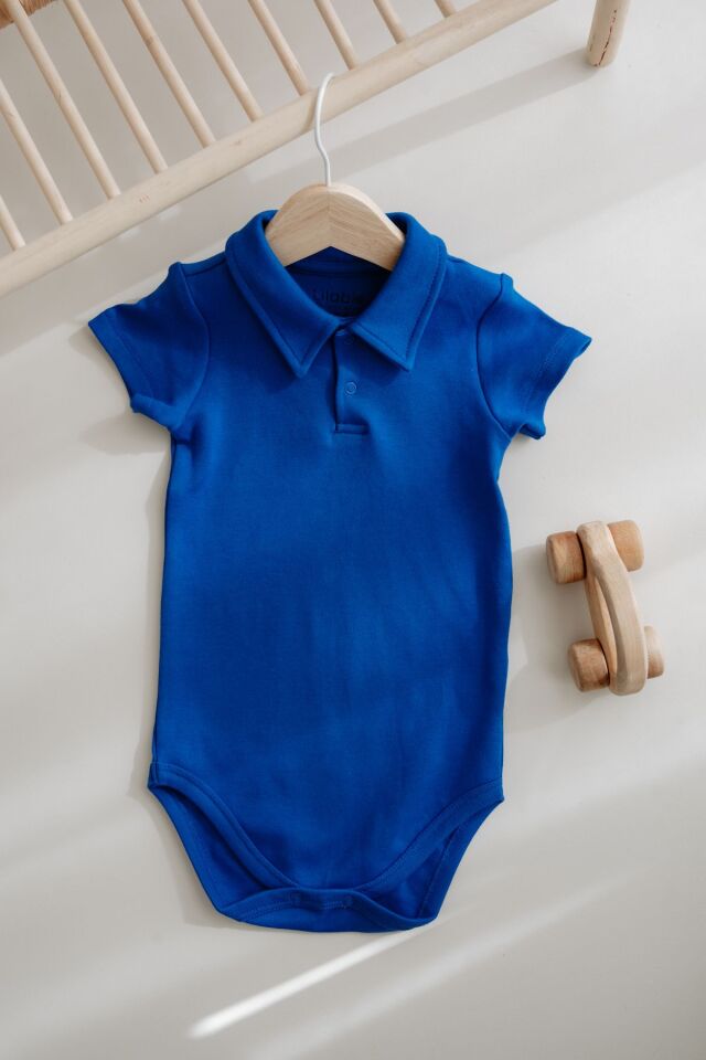 %100 Pamuk Kısa Kollu Polo Yaka Bebek Body 3-6 AY - Saks Mavi