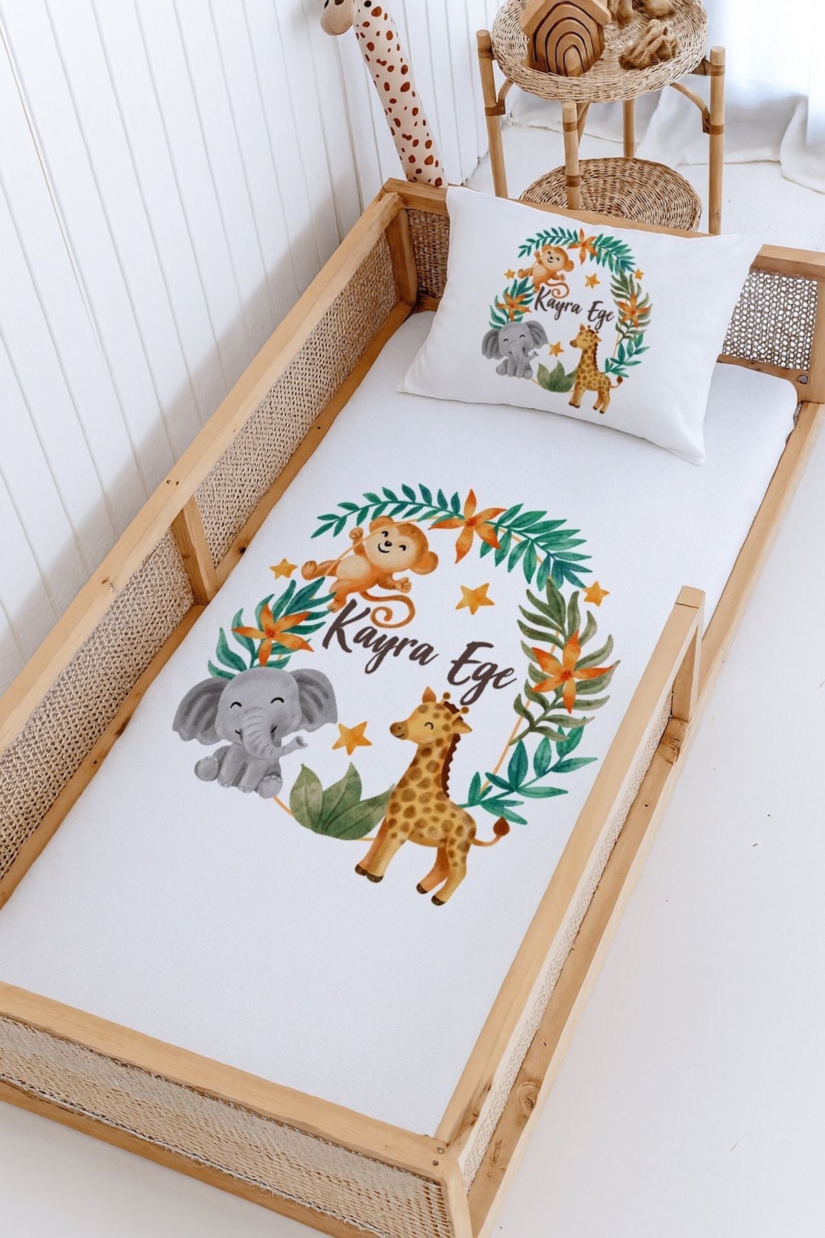 %100 Pamuk İsme Özel Montessori Yatak Pike Seti 100x200 Safari