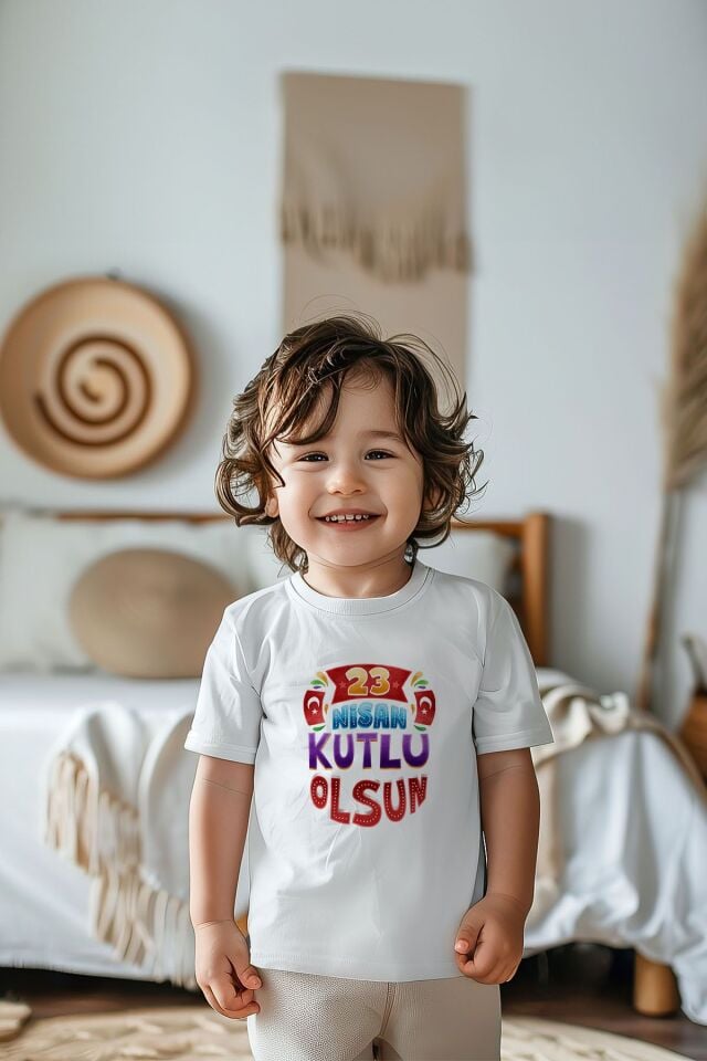 %100 Pamuk Erkek Çocuk 23 Nisan Baskılı Kısa Kollu Tişört